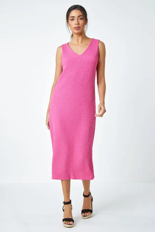 Women Fuchsia Sleeveless Textured Midi Stretch Dress Roman Dresses