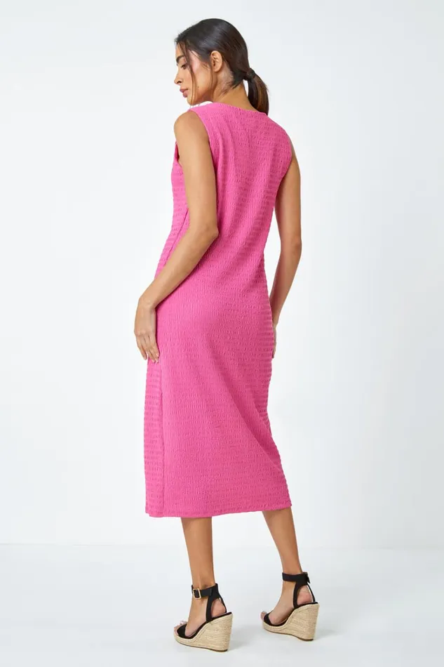 Women Fuchsia Sleeveless Textured Midi Stretch Dress Roman Dresses