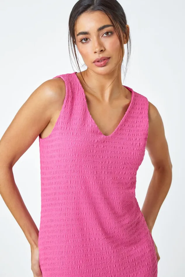 Women Fuchsia Sleeveless Textured Midi Stretch Dress Roman Dresses