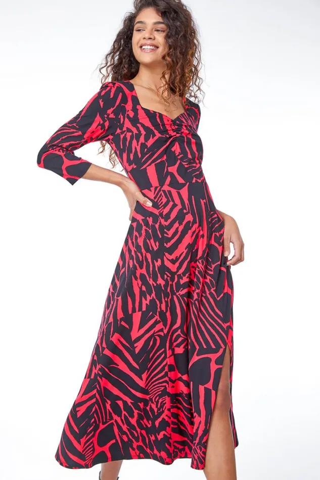 Women Fushcia Abstract Animal Print Ruched Midi Dress Roman Dresses