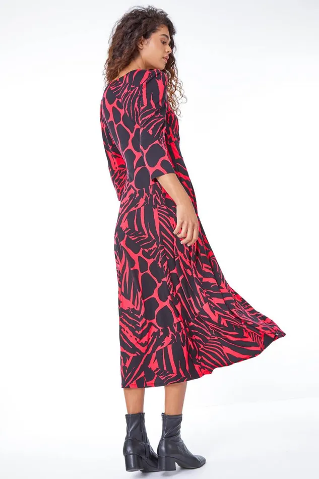 Women Fushcia Abstract Animal Print Ruched Midi Dress Roman Dresses