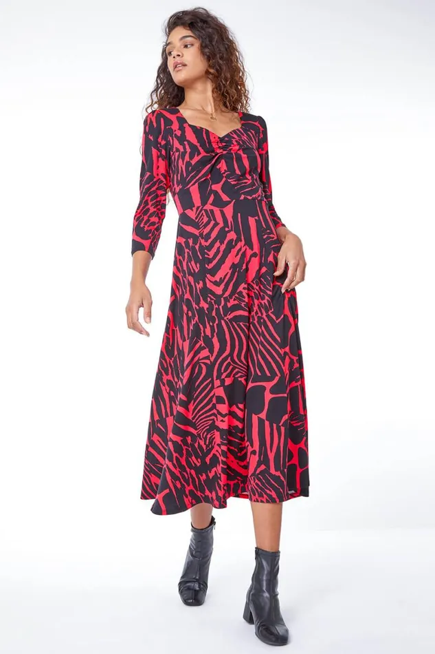 Women Fushcia Abstract Animal Print Ruched Midi Dress Roman Dresses