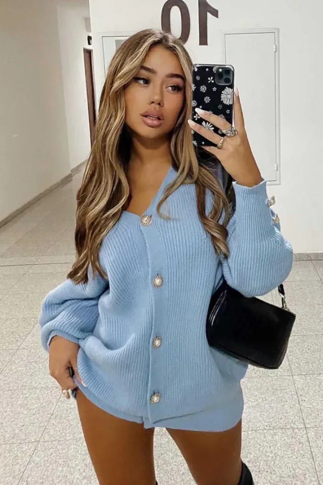 Women Gilet Bleu Avec Boutons Et Manches Ballons Blue Brentiny Paris Cardigans