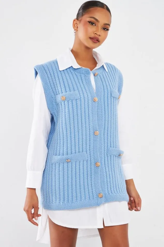 Women Gilet Bleu Sans Manches En Maille Blue Brentiny Paris Cardigans