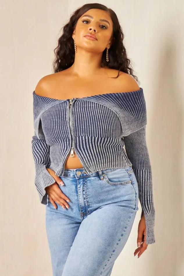 Women Gilet Court Zipp Bleu Blue Brentiny Paris Sweaters and Sweatshirts