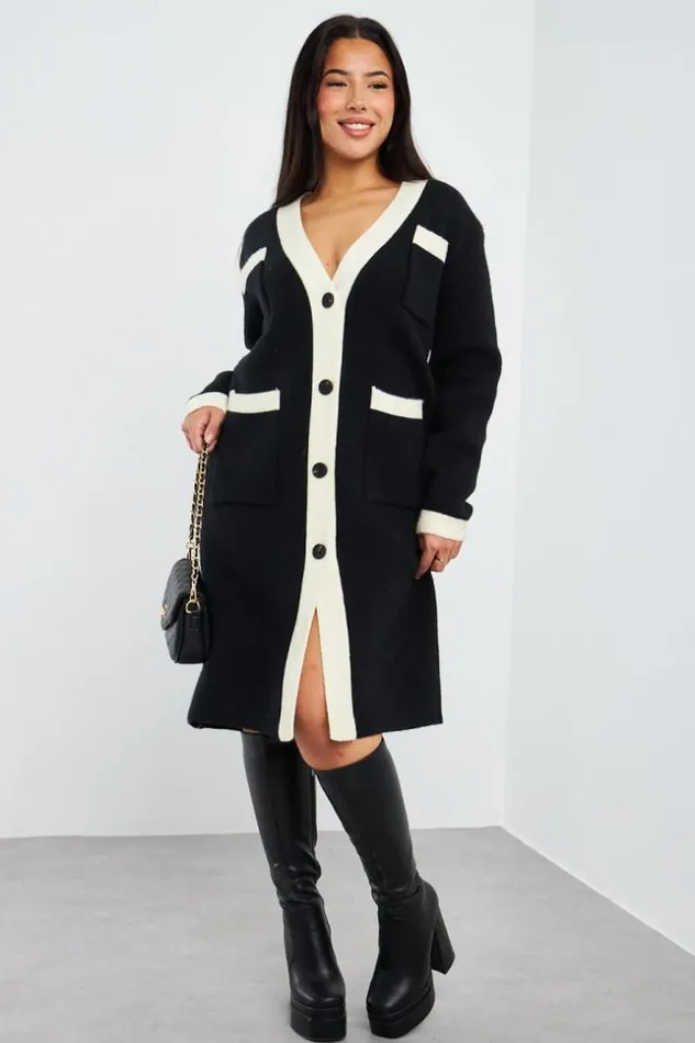 Women Gilet Long Bicolore Noircru Black Brentiny Paris White Tops