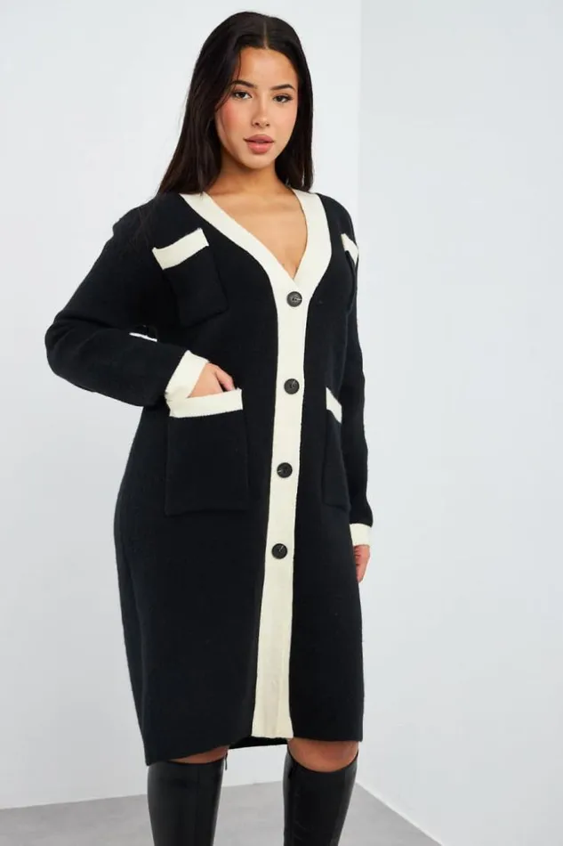 Women Gilet Long Bicolore Noircru Black Brentiny Paris White Tops