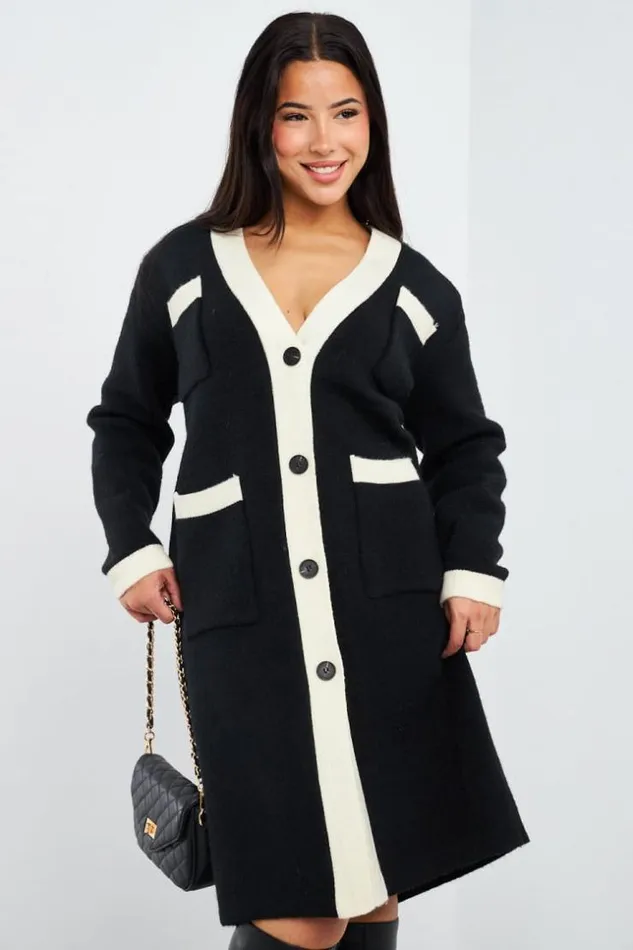 Women Gilet Long Bicolore Noircru Black Brentiny Paris White Tops