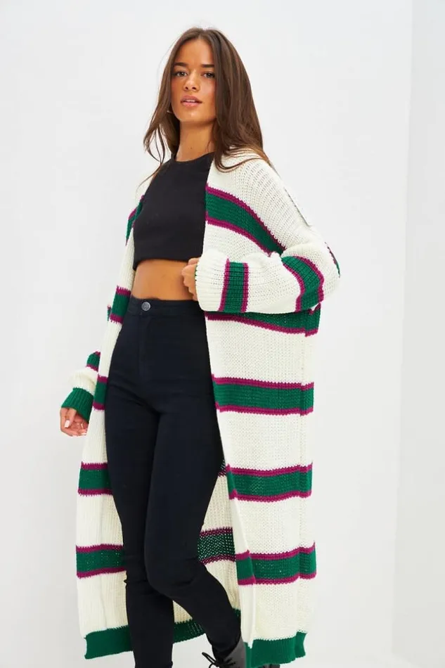 Women Gilet Long Blanc En Mailles Bandes Vertes White Brentiny Paris Cardigans