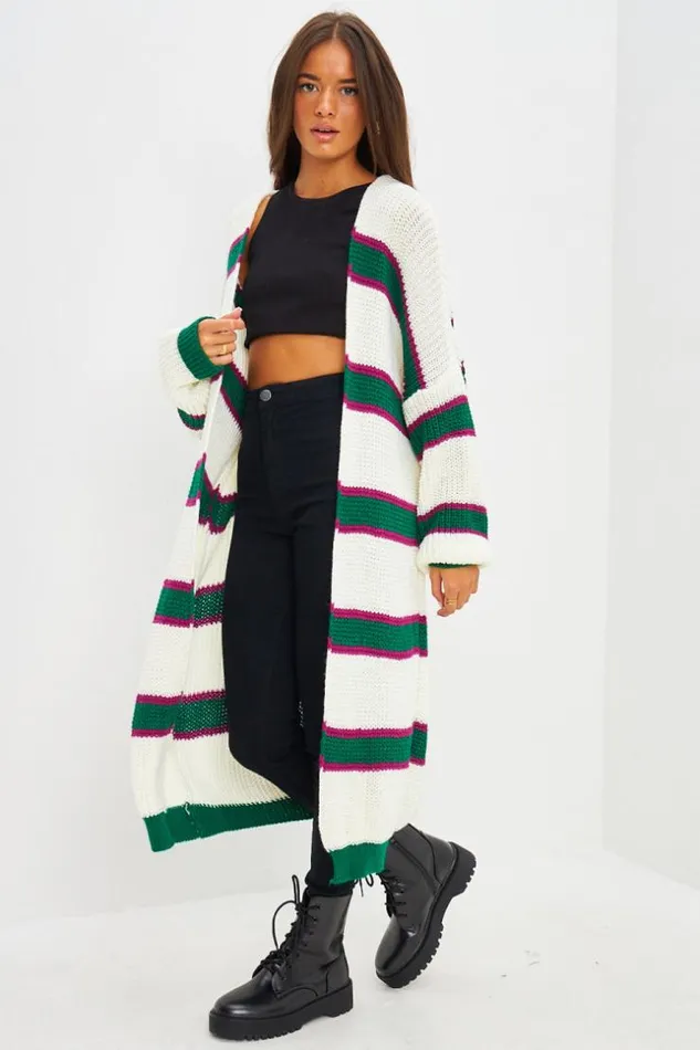Women Gilet Long Blanc En Mailles Bandes Vertes White Brentiny Paris Cardigans Women Gilet Long Blanc En Mailles Bandes Vertes White Brentiny Paris Cardigans