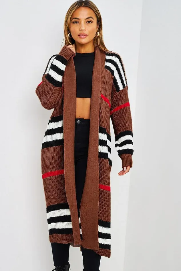 Women Gilet Long Marron En Mailles Bandes Brown Brentiny Paris Cardigans