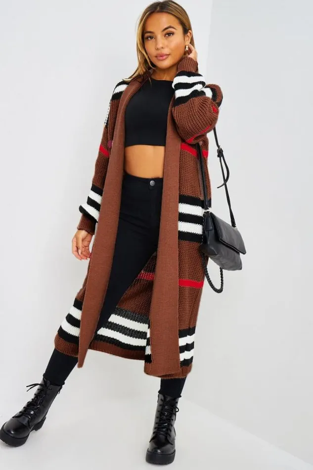 Women Gilet Long Marron En Mailles Bandes Brown Brentiny Paris Cardigans