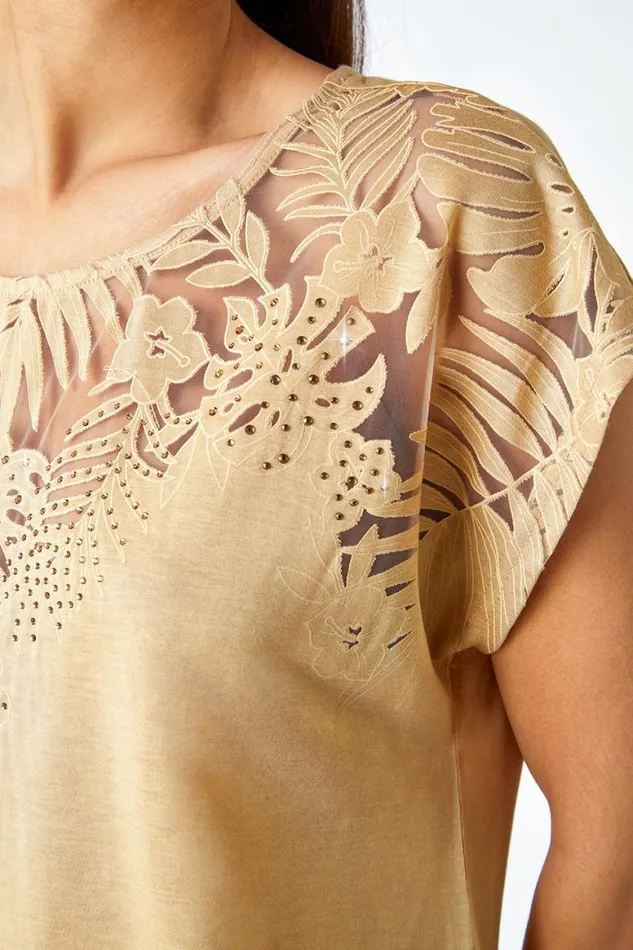 Women Gold Embellished Palm Print Cut Out TShirt Roman Tops