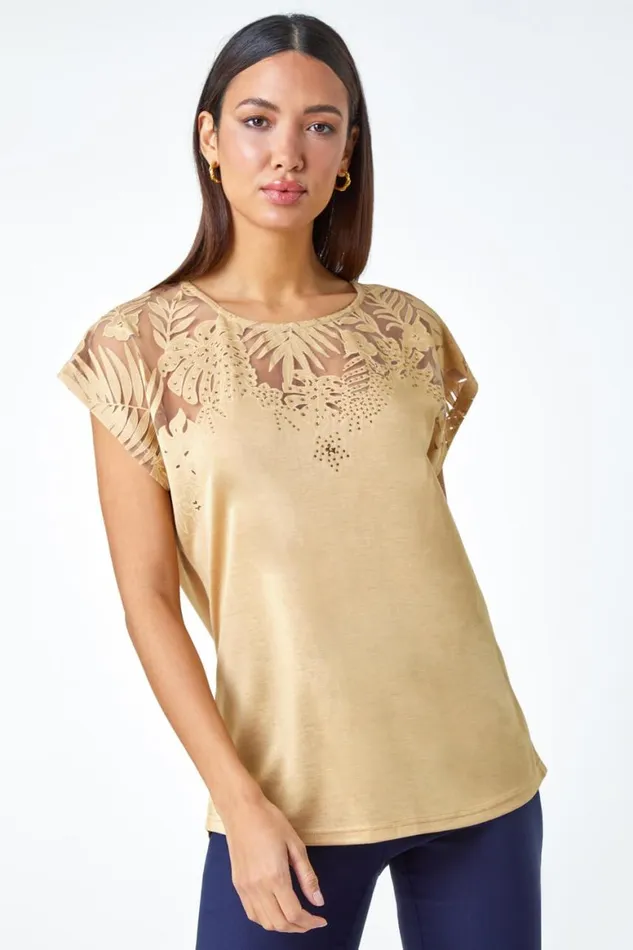 Women Gold Embellished Palm Print Cut Out TShirt Roman Tops