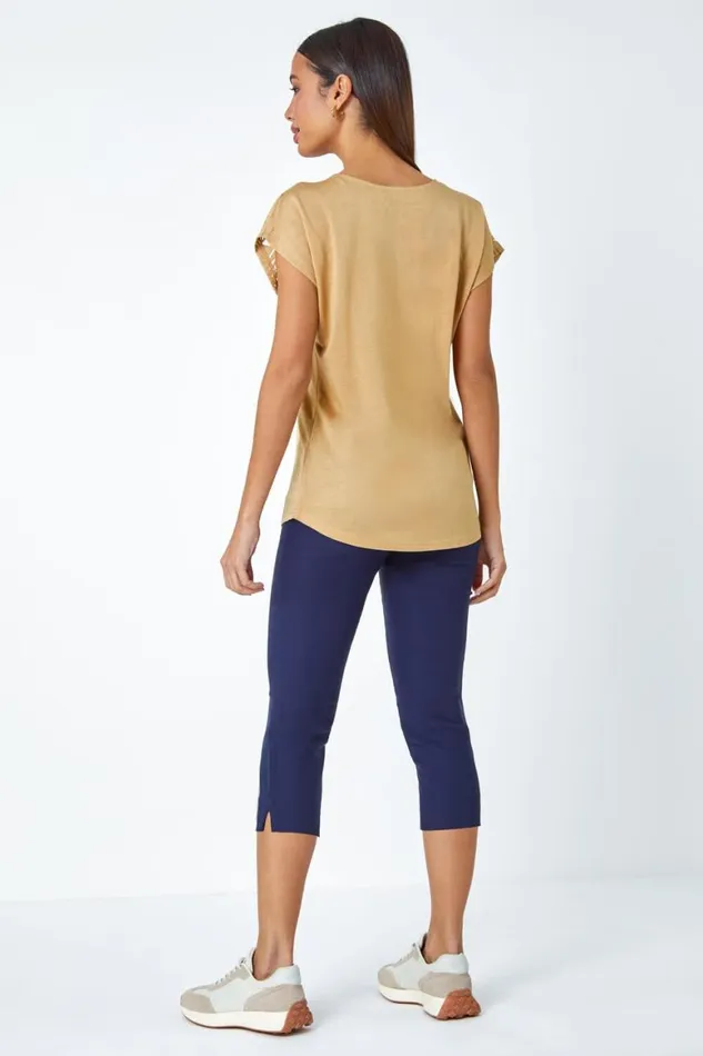 Women Gold Embellished Palm Print Cut Out TShirt Roman Tops