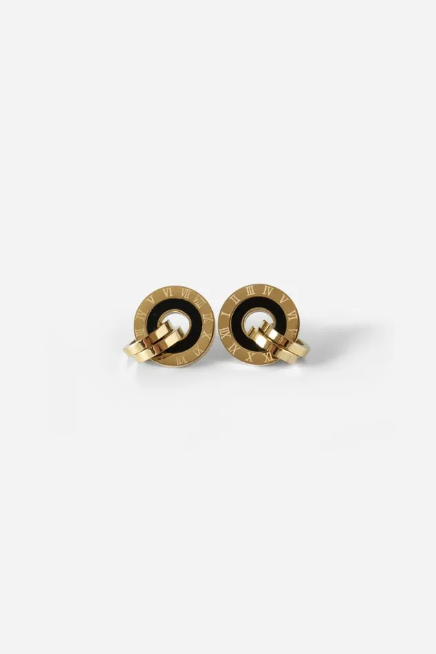 Women Gold Mini Hoop Clock Stud Earrings Roman Jewellery
