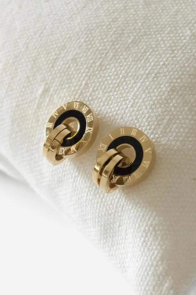 Women Gold Mini Hoop Clock Stud Earrings Roman Jewellery