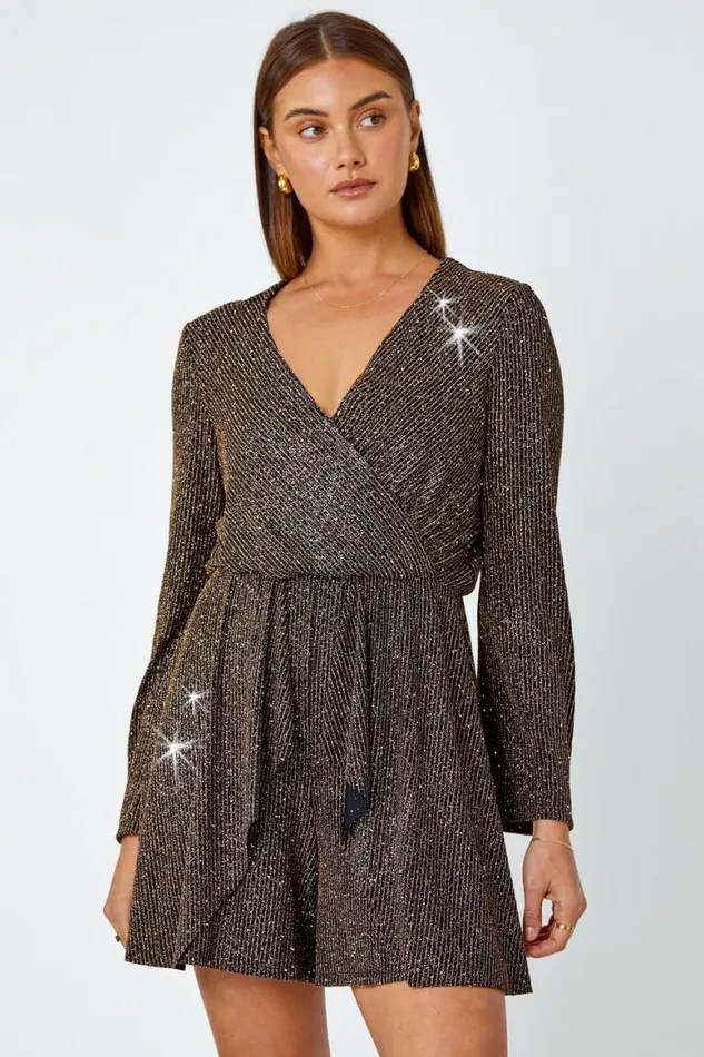 Women Gold Shimmer Stripe Wrap Stretch Playsuit Roman Jumpsuits and Playsuits