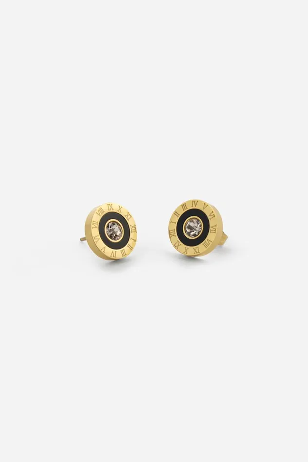 Women Gold Stainless Steel Diamante Clock Earrings Roman Jewellery