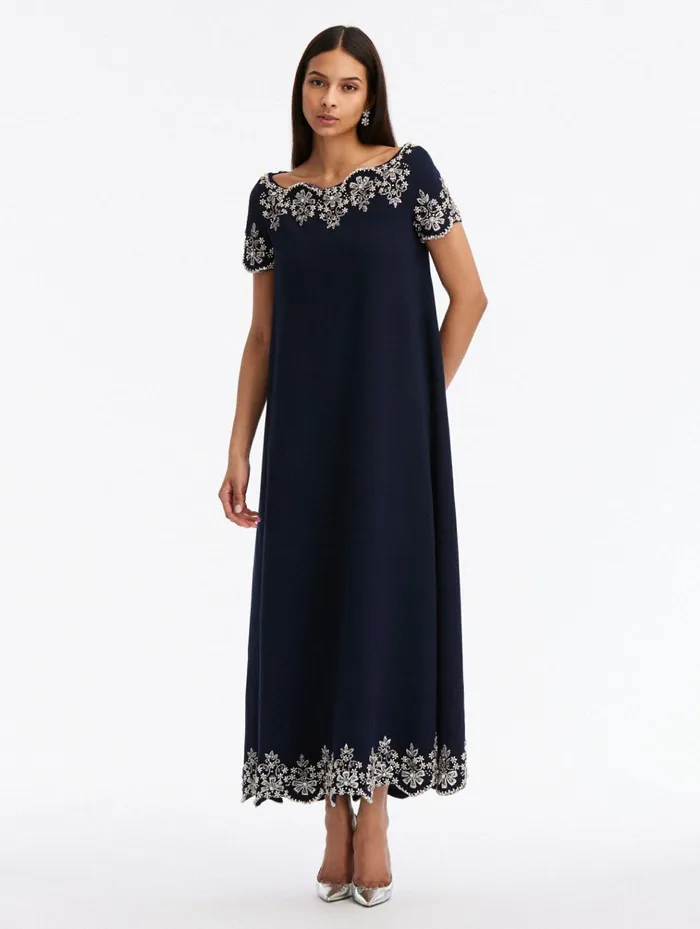 Women Gowns and Caftans Oscar De La Renta Crystal Scallop Short Sleeve Caftan Navy