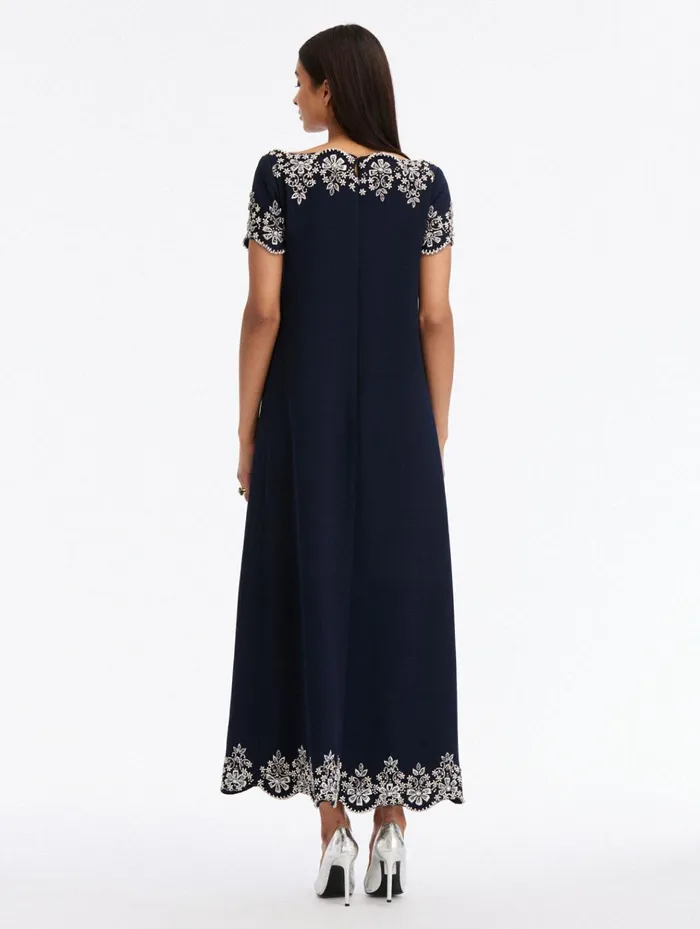 Women Gowns and Caftans Oscar De La Renta Crystal Scallop Short Sleeve Caftan Navy Women Gowns and Caftans Oscar De La Renta Crystal Scallop Short Sleeve Caftan Navy