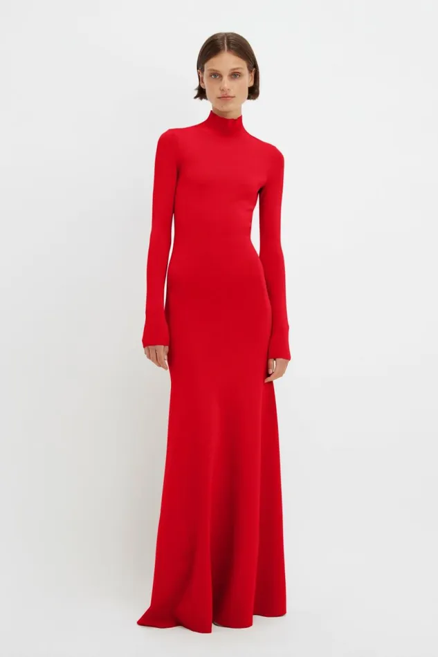 Women Gowns Victoria Beckham Polo Neck Knitted Gown In Red