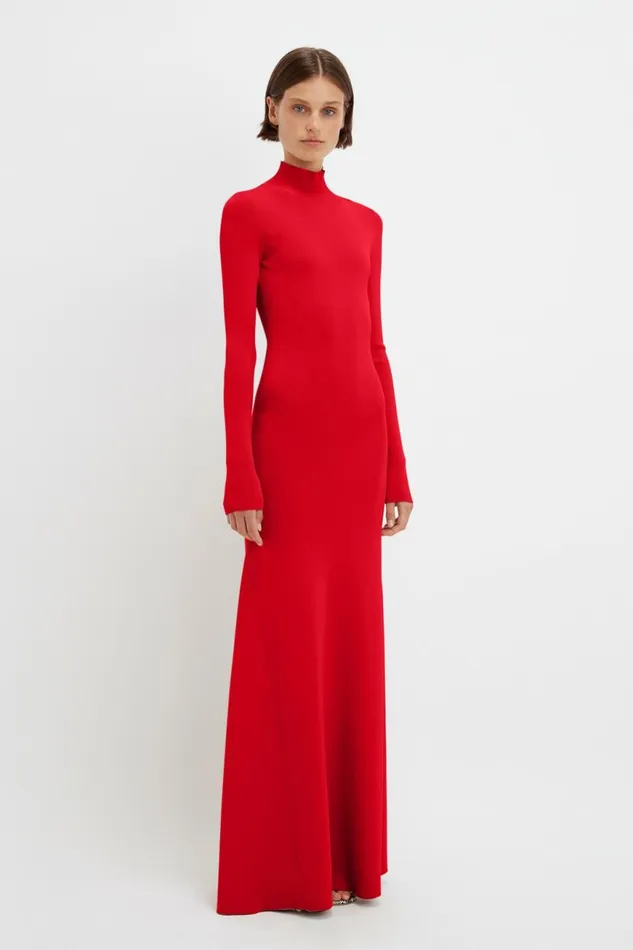 Women Gowns Victoria Beckham Polo Neck Knitted Gown In Red
