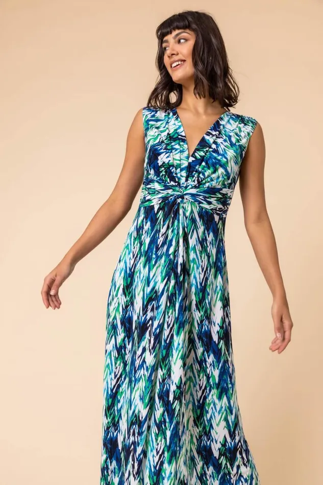 Women Green Abstract Print Twist Front Maxi Dress Roman Dresses