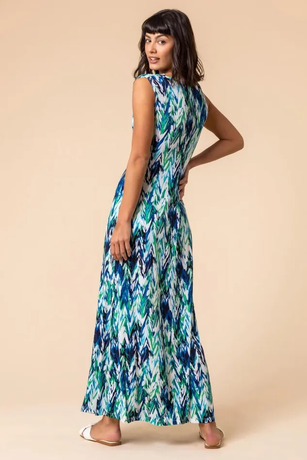 Women Green Abstract Print Twist Front Maxi Dress Roman Dresses