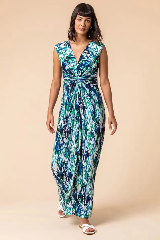 Women Green Abstract Print Twist Front Maxi Dress Roman Dresses