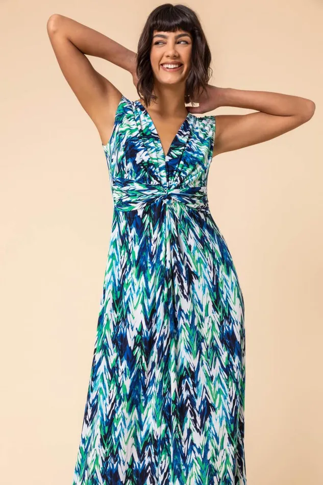 Women Green Abstract Print Twist Front Maxi Dress Roman Dresses