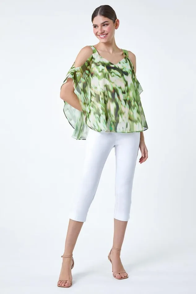 Women Green Abstract VNeck Cold Shoulder Overlay Top Roman Tops