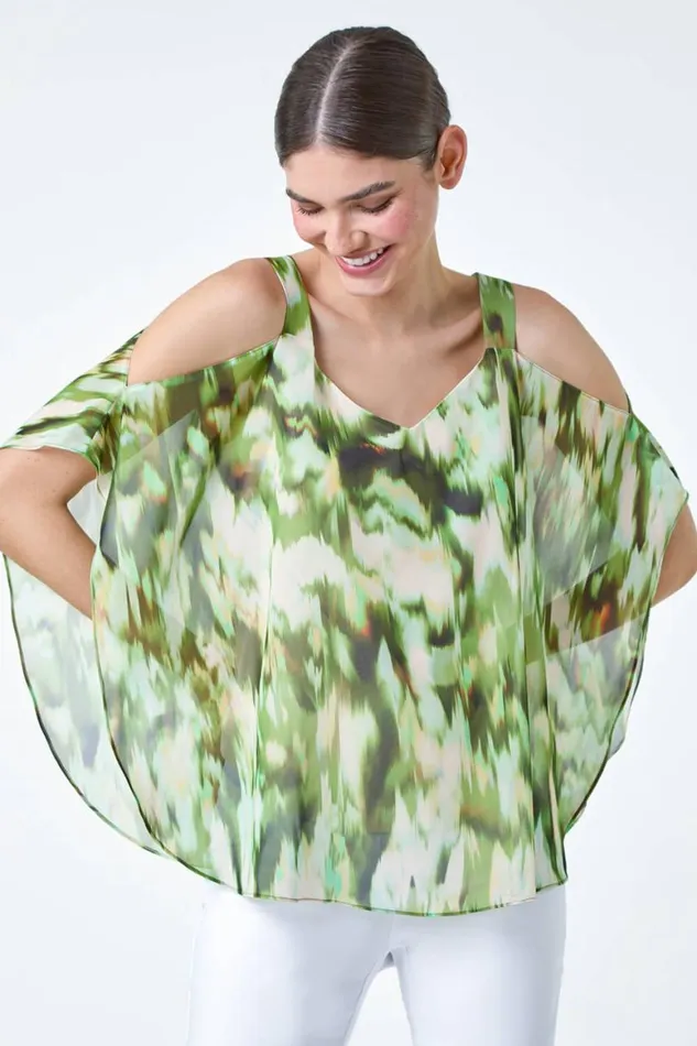 Women Green Abstract VNeck Cold Shoulder Overlay Top Roman Tops