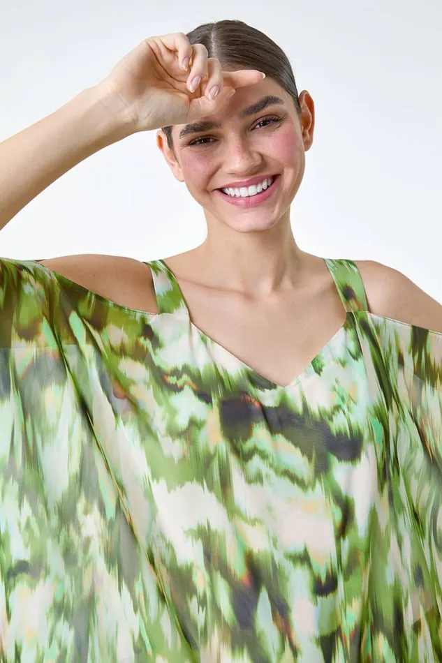 Women Green Abstract VNeck Cold Shoulder Overlay Top Roman Tops