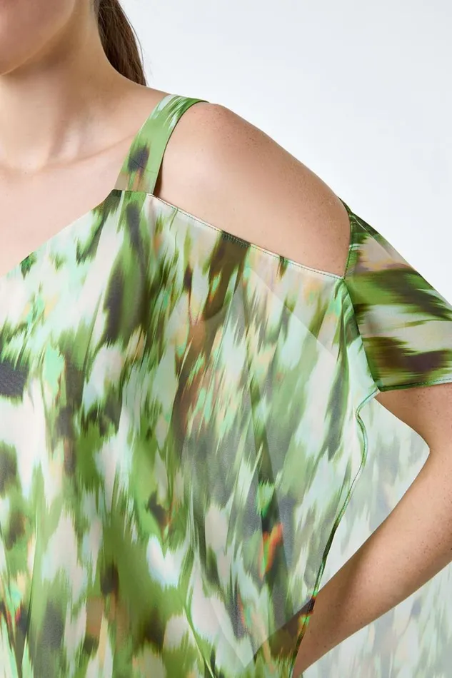 Women Green Abstract VNeck Cold Shoulder Overlay Top Roman Tops