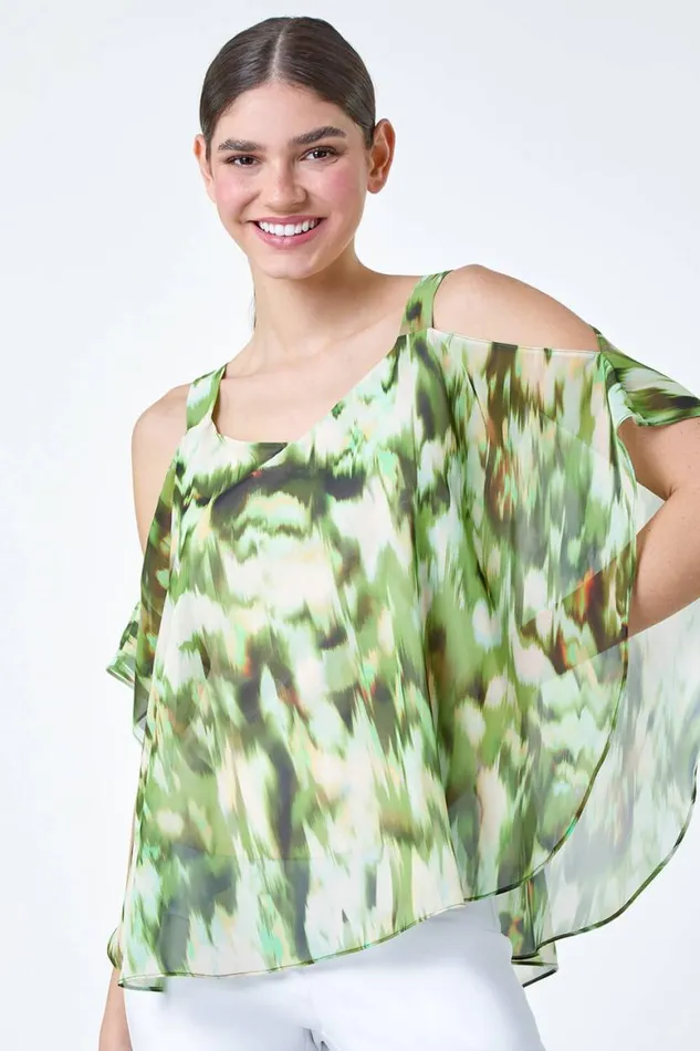 Women Green Abstract VNeck Cold Shoulder Overlay Top Roman Tops