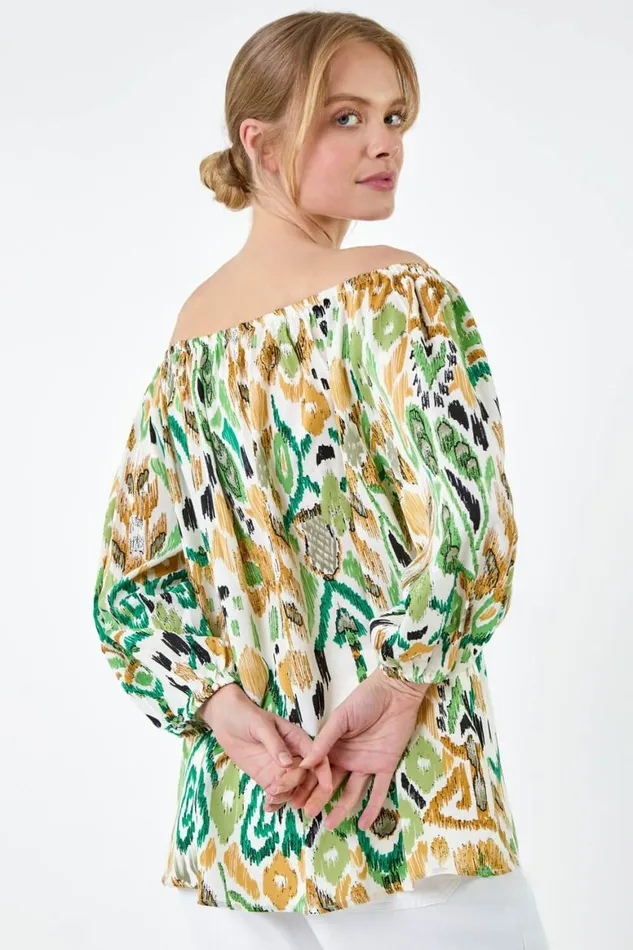 Women Green Aztec Print Stretch Bardot Top Roman Tops