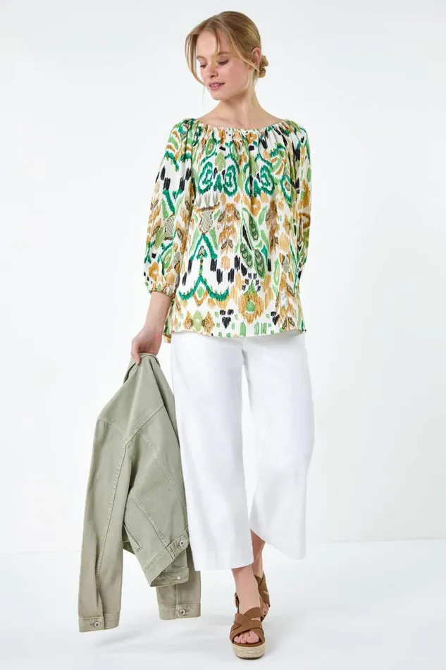 Women Green Aztec Print Stretch Bardot Top Roman Tops