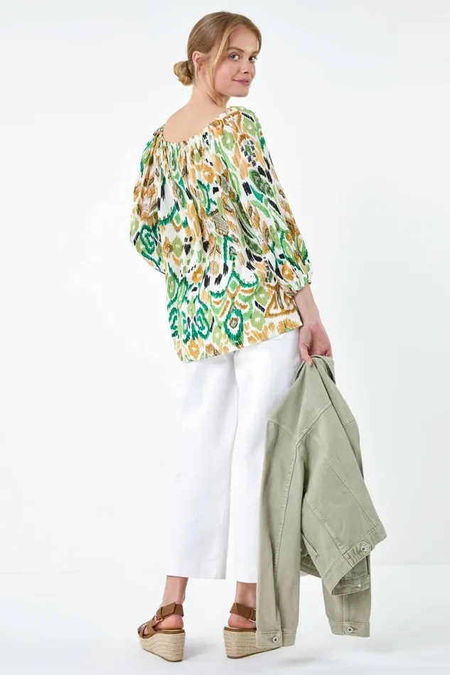 Women Green Aztec Print Stretch Bardot Top Roman Tops