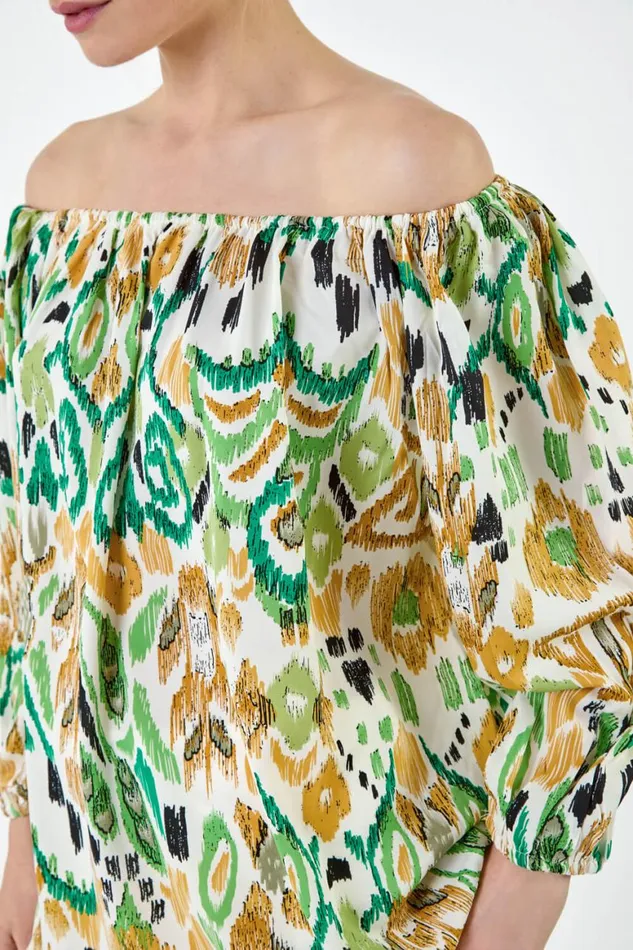 Women Green Aztec Print Stretch Bardot Top Roman Tops