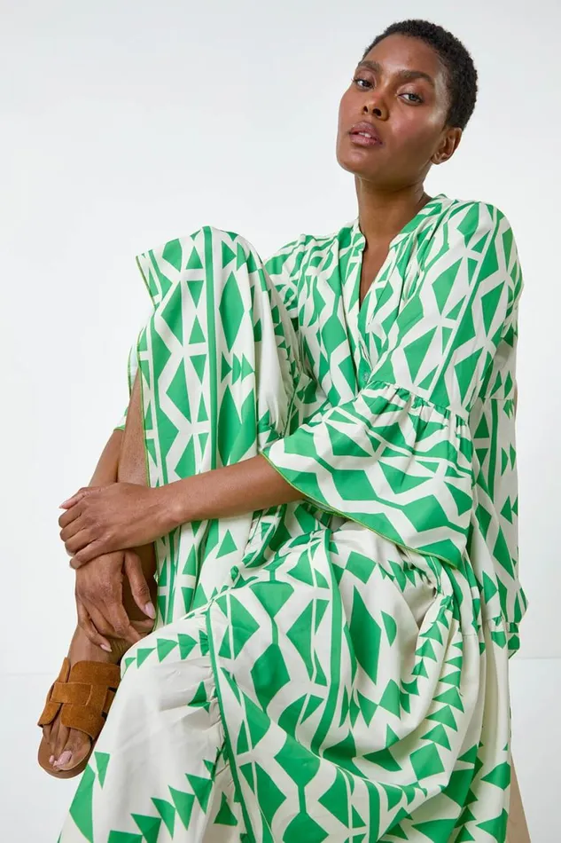 Women Green Aztec Print Tiered Midi Smock Dress Roman Dresses