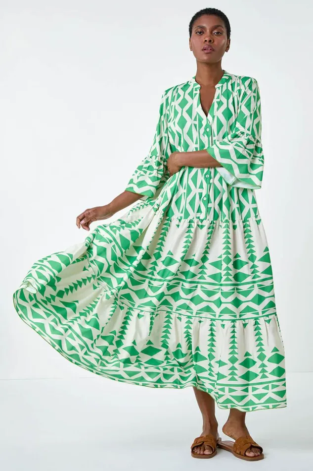 Women Green Aztec Print Tiered Midi Smock Dress Roman Dresses