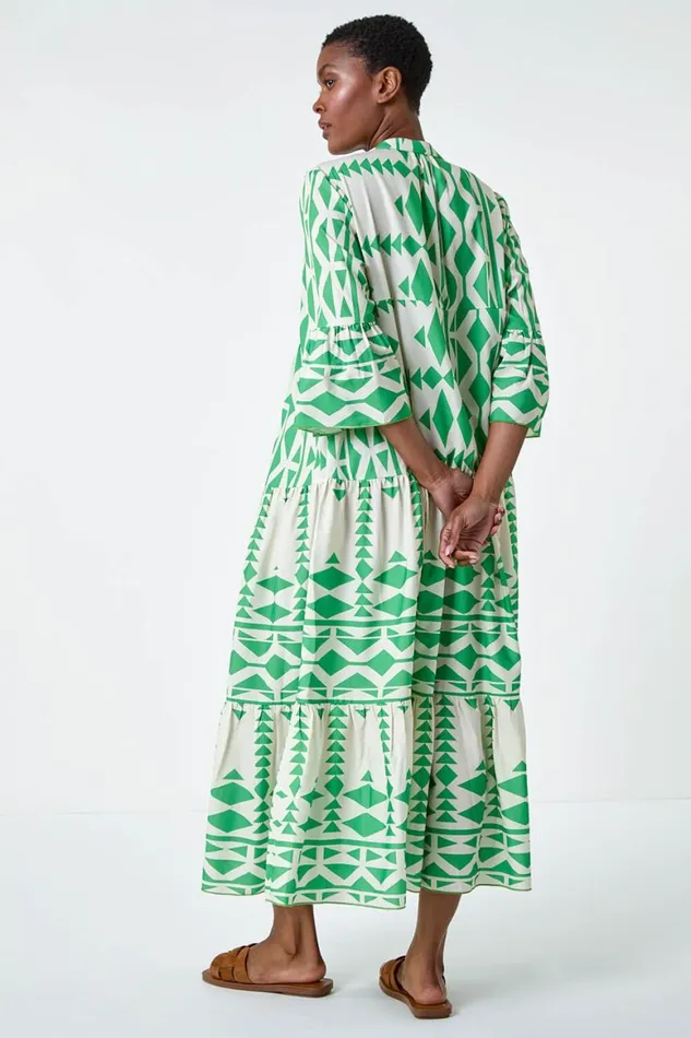 Women Green Aztec Print Tiered Midi Smock Dress Roman Dresses