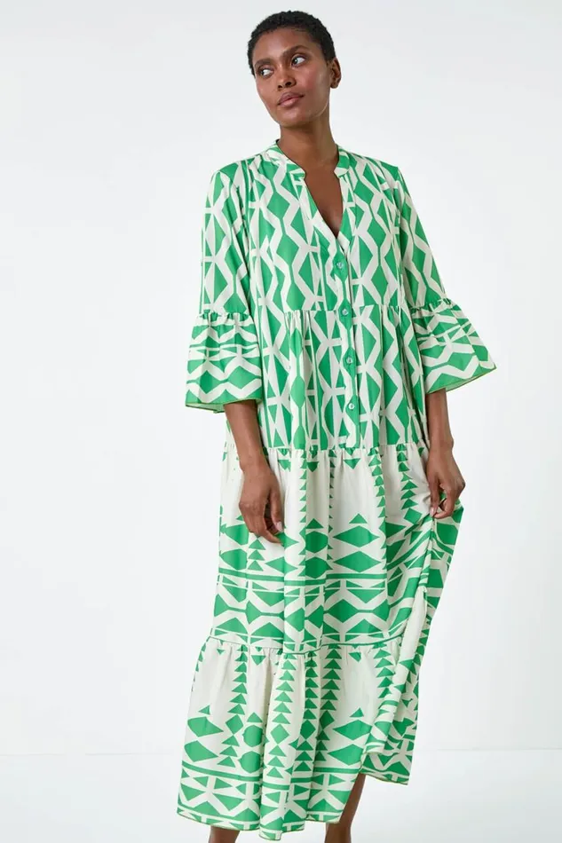 Women Green Aztec Print Tiered Midi Smock Dress Roman Dresses