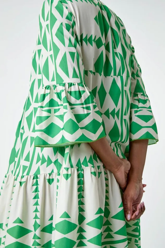 Women Green Aztec Print Tiered Midi Smock Dress Roman Dresses