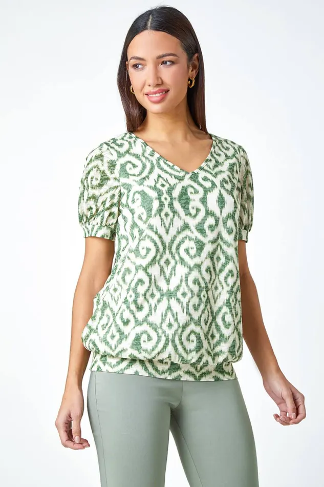 Women Green Aztec Print VNeck Blouson Hem Top Roman Tops