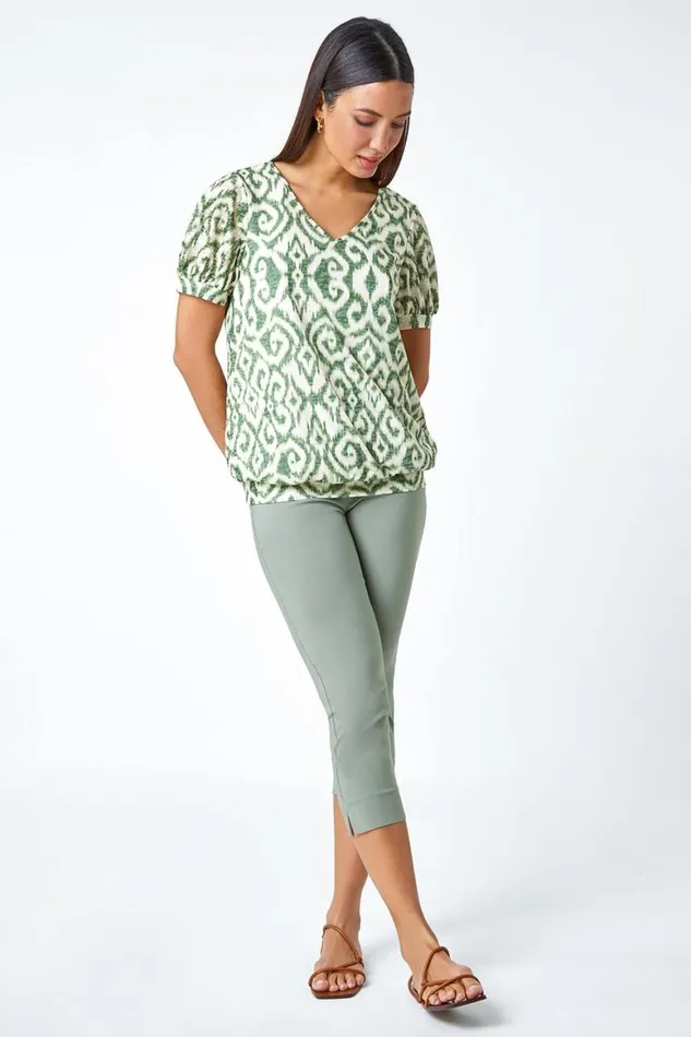 Women Green Aztec Print VNeck Blouson Hem Top Roman Tops