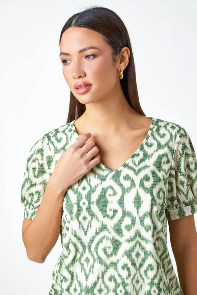 Women Green Aztec Print VNeck Blouson Hem Top Roman Tops