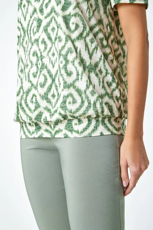 Women Green Aztec Print VNeck Blouson Hem Top Roman Tops