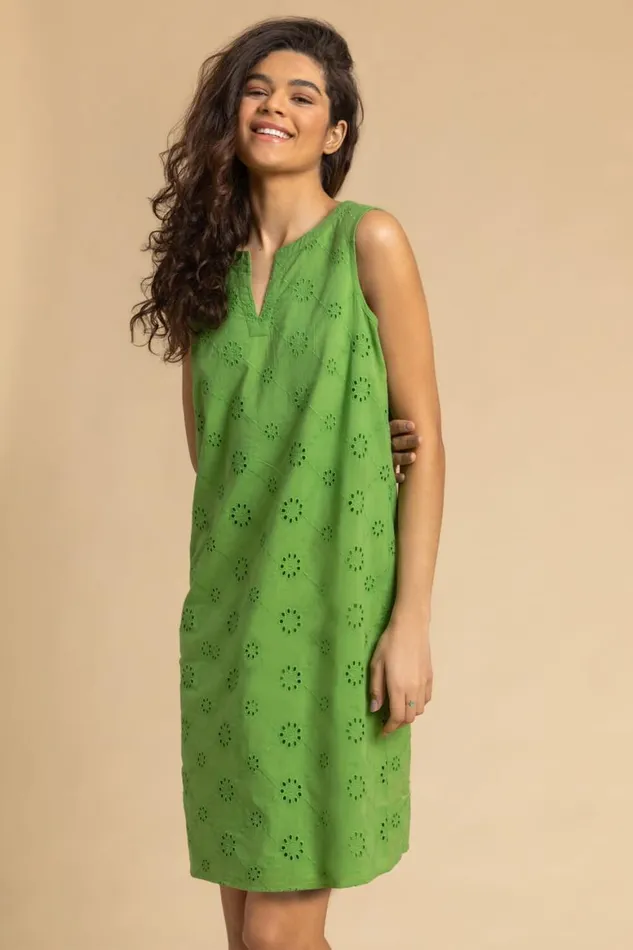 Women Green Broderie Detail Sleeveless Shift Dress Roman Dresses